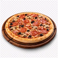 tomatensaus, kaas, champignons, olijven, pepperoni salami en bacon