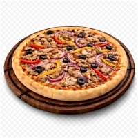 tomatensaus, kaas, paprika, ui, champignons, olijven en tonijn 