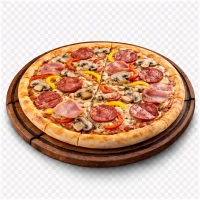 tomatensaus, kaas, ham, salami, paprika en &nbsp;champignons 